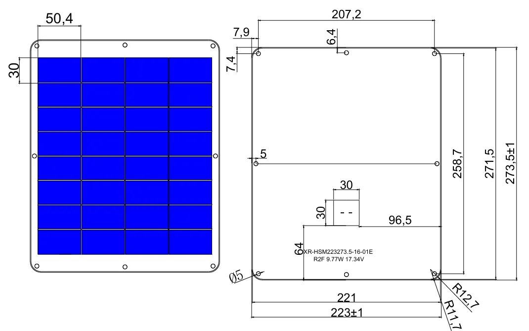 10W ETFE solar panel dimensions and mounting hole drawing